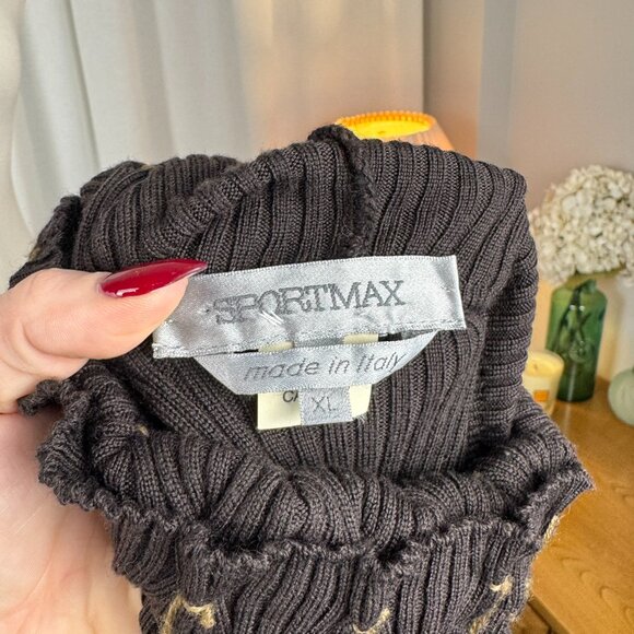 SPORTMAX by MaxMara 100% Wool Ribbed Turtleneck Lattice-Smocked Sweater sz XL - Picture 7 of 9